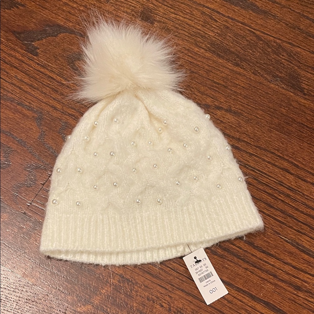 Talbots Ivory Knit Beanie with Pom-Pom